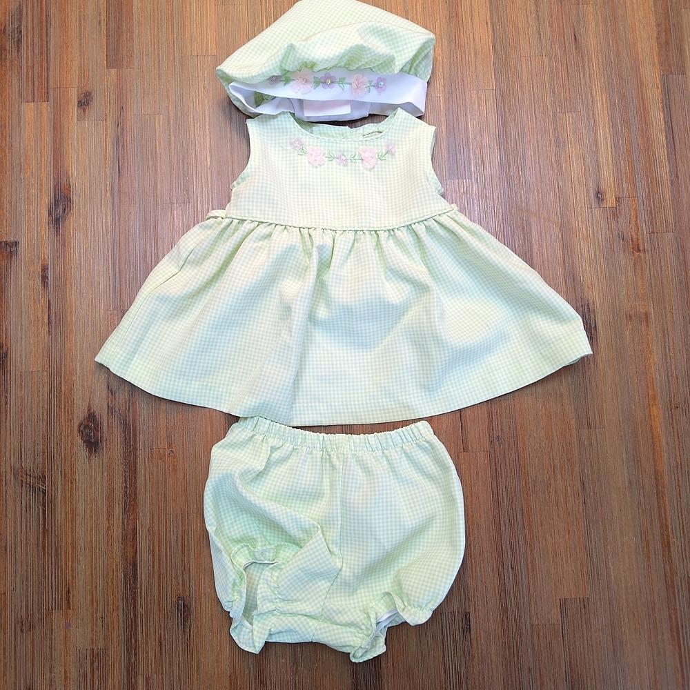 VTG Bonnie Baby Green Sleeveless Float Dress Set With Hat & Bloomers Size 3-6